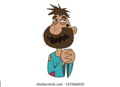Vector cartoon illustration of cute beggar. Isolated on white background.