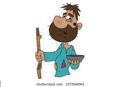 Vector cartoon illustration of cute beggar holding stick and bowl in hand. Isolated on white background.