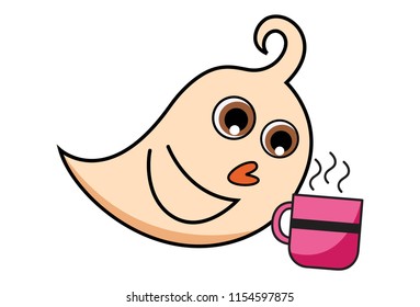 Vector cartoon illustration of cute bird with cup of tea. Isolated on white background. 