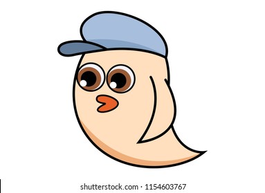 Vector cartoon illustration of cute bird is wearing flat cap. Isolated on white background. 