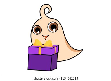 Vector cartoon illustration of cute bird with gift box. Isolated on white background. 
