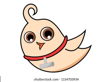 Vector cartoon illustration of cute bird flying and wearing red locket necklace in neck . Isolated on white background. 