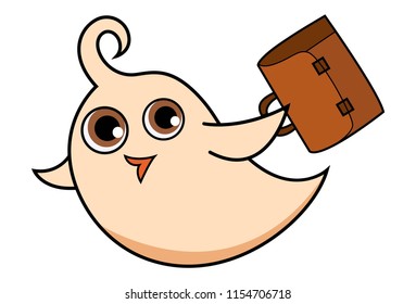 Vector cartoon illustration of cute bird flying with briefcase. Isolated on white background. 