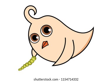 Vector cartoon illustration. Cute bird is flying holding insect in hand. Isolated on white background.