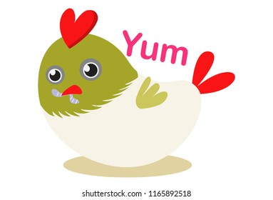 Vector cartoon illustration. Cute bird is hold insect with mouth and saying yum. Isolated on white background.