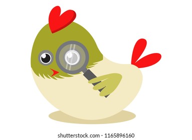 Vector cartoon illustration. Cute bird holding magnifying lens. Isolated on white background.