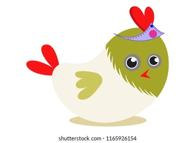Vector cartoon illustration. Cute bird wearing crown. Isolated on white background.
