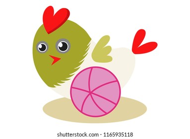 Vector cartoon illustration. Cute bird with pink ball. Isolated on white background.