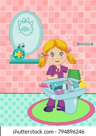 Vector cartoon illustration of cute blonde  little girl dressed in pajamas brushing teeth in bathroom with tiled pink walls and goldfish on shelf.