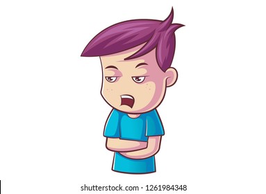 Vector cartoon illustration of cute boy standing with crossed hands. Isolated on white background.
