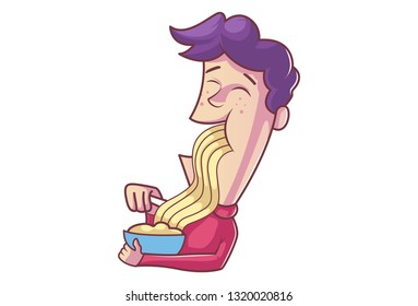 Vector cartoon illustration of cute boy is eating noodles. Isolated on white background.