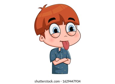 Vector cartoon illustration of cute boy showing his tongue. Isolated on white background.