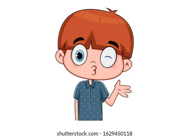 Vector cartoon illustration of cute boy winking the eye. Isolated on white background.