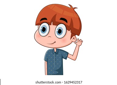 Vector cartoon illustration of cute boy waving hand. Isolated on white background.
