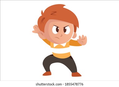 Vector cartoon illustration. Cute boy is ready to fight. Isolated on white background.