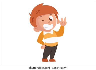 Vector cartoon illustration. Cute boy is making eyes and showing victory sign. Isolated on white background.