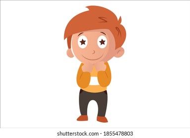 Vector cartoon illustration. Cute boy is with star-shaped eyes. Isolated on white background.