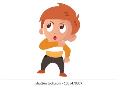 Vector cartoon illustration. Cute boy is shocked. Isolated on white background.