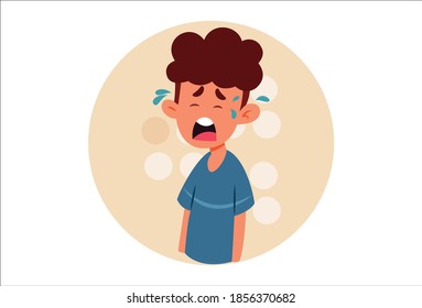 Vector cartoon illustration. Cute  boy is crying. Isolated on white background. 