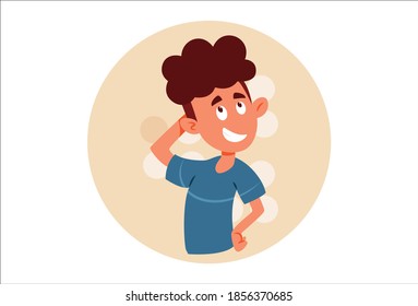 Vector cartoon illustration. Cute boy is in doubt. Isolated on white background.
