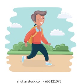 Vector cartoon illustration cute boy go to school on park landscape