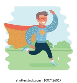 Vector cartoon illustration of cute boys super hero in suit run in park landscape. Superhero costume run, with a mask on her face and evolving cloak red cloak behind.