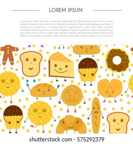 Vector cartoon illustration with cute bread characters: bun, muffin, cheesecake, donut, croissant. Bakery or pastry shop icon. Children book cover illustration. Funny smile bread background