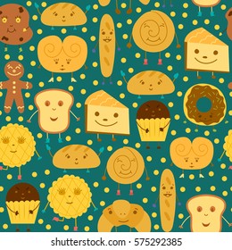 Vector cartoon illustration with cute bread characters: bun, muffin, cheesecake, donut, croissant. Bakery or pastry shop icon. Children book cover illustration. Funny smile bread background