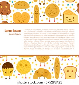 Vector cartoon illustration with cute bread characters: bun, muffin, cheesecake, donut, croissant. Bakery or pastry shop icon. Children book cover illustration. Funny smile bread background