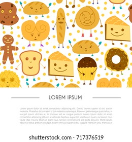 Vector cartoon illustration with cute bread characters: bun, muffin, cheesecake, donut, croissant. Bakery or pastry shop icon. Children book cover illustration. Funny smile bread background