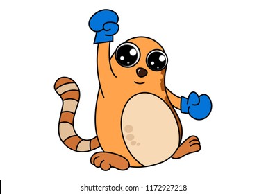 Vector cartoon illustration of cute brown cat is wearing gloves in hand. Isolated on white background.