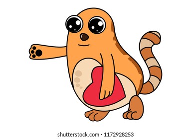Vector cartoon illustration of cute brown cat with red heart. Isolated on white background.