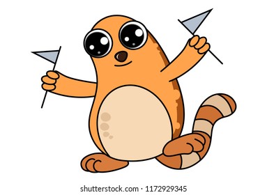 Vector cartoon illustration of cute brown cat holding flag in both hand. Isolated on white background.