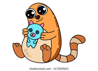 Vector cartoon illustration of cute brown cat holding toy in hand. Isolated on white background.