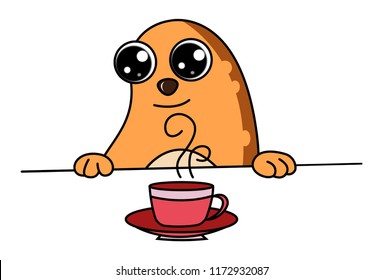Vector cartoon illustration of cute brown cat with cup of tea. Isolated on white background.