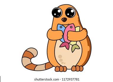 Vector cartoon illustration of cute brown cat holding colorful fishes in hand. Isolated on white background.