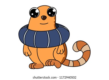 Vector cartoon illustration of cute brown cat wearing swimming tube. Isolated on white background.