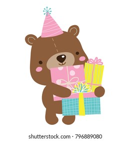 Vector cartoon illustration of cute brown birthday bear wearing party hat and holding colorful gift boxes
