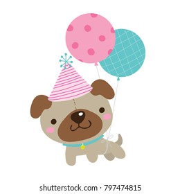 Vector cartoon illustration cute brown dog wearing pink party hat   floating up in the air and balloons tied around him  isolated against white background