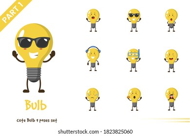 Vector cartoon illustration of cute bulb poses set. Isolated on white background.