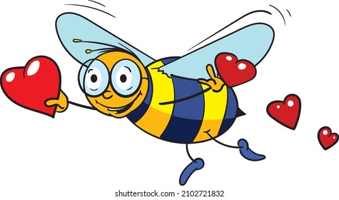 Vector Cartoon Illustration Of A Cute Bumblebee Presents A Hearts. Suitable For St Valentine's Day.