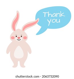 Vector cartoon illustration of a cute bunny and Thank you text in a speech bubble.