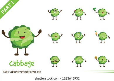 Vektorgrafik-Illustration von süßen Kohl pflanzlichen Posen Set. Einzeln auf weißem Hintergrund.