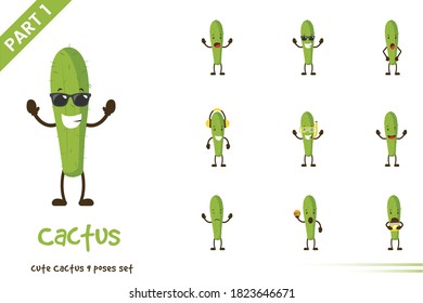 Vector cartoon illustration of cute cactus poses set. Isolated on white background.