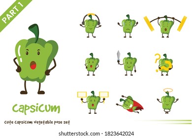 Vector cartoon illustration of cute capsicum vegetable poses set. Isolated on white background.