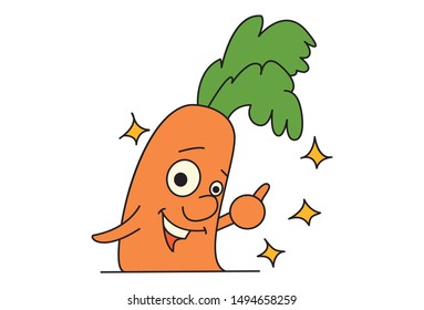 Vector cartoon illustration. Cute carrot  is showing thumbs up sign. Isolated on white background.