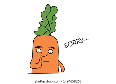 Vector cartoon illustration of cute carrot saying sorry. Isolated on white background. 