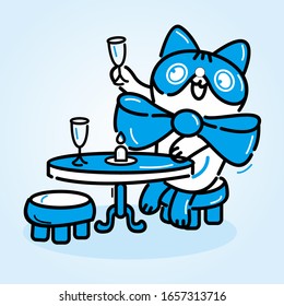 Dibujo vectorial de un lindo gato bebiendo un vaso de agua en la mesa