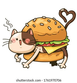 Vector cartoon illustration cute cat hamburger isolated on white background. Animal food cartoon character. This Design for used to decorate publications, banners, animation, Infographic, and more.