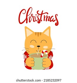 Vector cartoon illustration of cute cat in flat style. Merry christmas greeting card, cat with cup